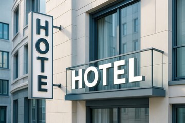 Obraz premium Modern hotel sign with illuminated letters on a contemporary building facade in an urban setting during daylight, travel and hospitality concept.