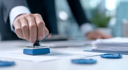 Professional business person hand stamping official document for approval on office desk
