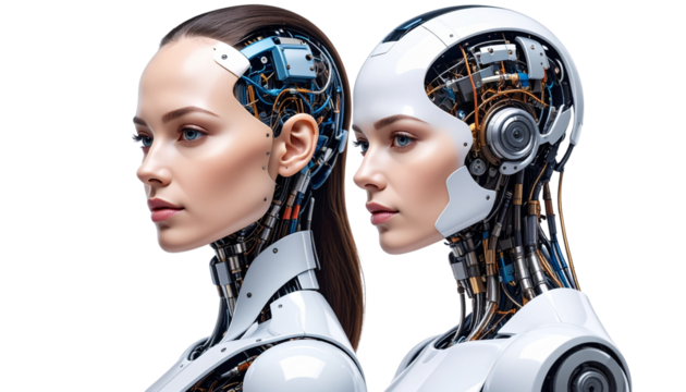 dual-faced portraits (half human, half machine isolated on white background