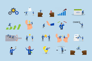 Fototapeta premium Business illustrations set. Compilation of footage featuring men and women engaged in professional tasks.