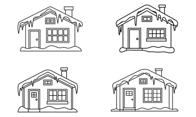 Winter house icon set with snow and icicles on rooftops in outline style
