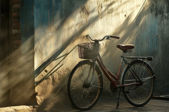 An old bicycle rests against a weathered wall, bathed in sunlight. - Powered by Adobe