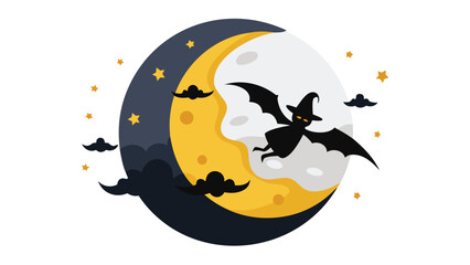 Silhouette of a witch bat flying in front of a half moon with stars and clouds around it