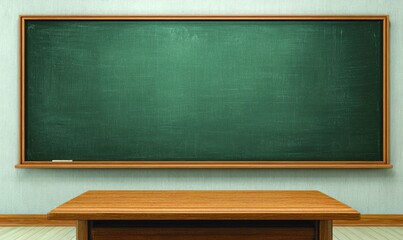 A large, blank green chalkboard with a wooden frame hangs on a textured wall above a simple wooden desk in a classroom setting