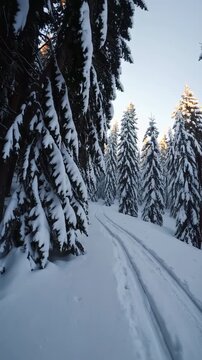 Snow covered cross-country ski trail through snowy pine forest at sunset