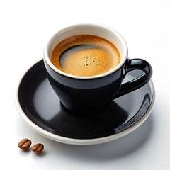 Fototapeta premium Elegant Black Cup of Espresso with Beans on White, coffee , beverage