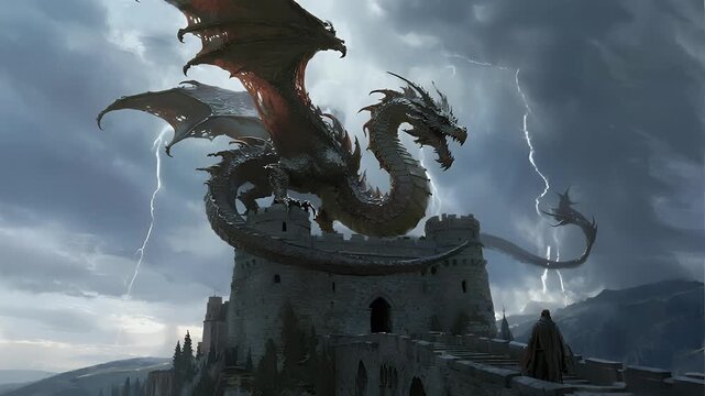 Dragon Perched on Castle Tower in Storm, Fantasy Art, Epic Scene