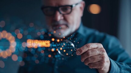 Man analyzing digital compliance icon with EU stars on screen using magnifying glass () - Powered by Adobe