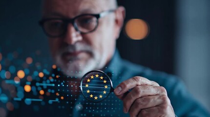 Man analyzing digital compliance icon with EU stars on screen using magnifying glass - Powered by Adobe