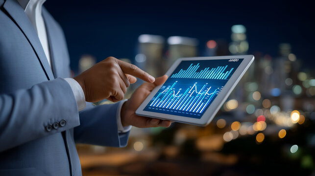 Manager pointing to digital dashboard discussing ROI metrics