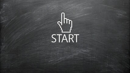 Start icon with hand cursor on blackboard texture background
