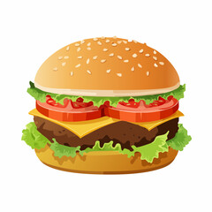 Tasty hamburger has lettuce, tomatoes and cheese, with a sesame seed bun