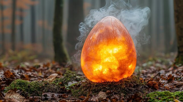Magical egg glowing with fire in misty forest