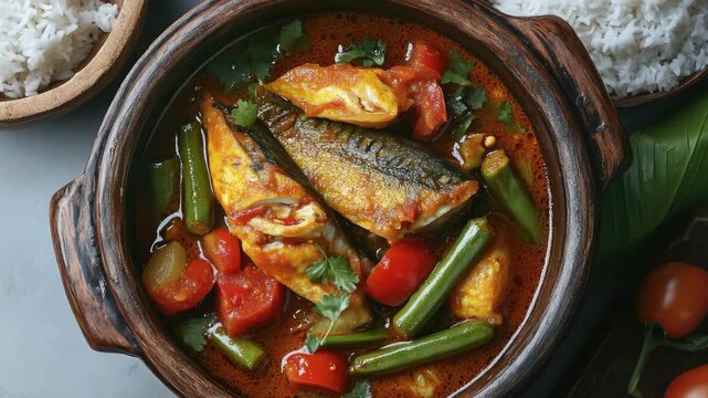 A hearty fish curry with a variety of vegetables, herbs, and spices. Perfect comfort food for colder days.