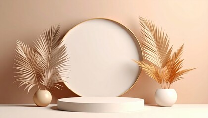 Fototapeta premium Elegant display of minimalist decor with tropical leaves soft neutral background studio setup emphasizing modern aesthetics