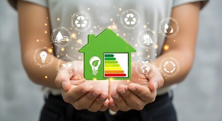 Woman holding a green house icon with energy efficiency symbols. Concept of green energy, environmental conservation, and sustainable development.