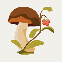 Mushroom with brown cap and red berries, autumn forest. For seasonal prints, kids books, or nature designs