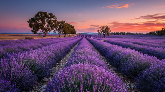 Lavender Field Sunset Landscape with Purple Flowers and Colorful Dusk Sky