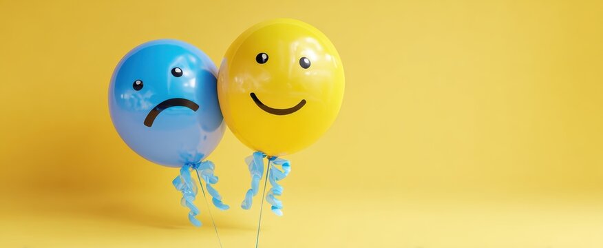 The cheerful balloons representing contrasting emotions of happiness and sadness.