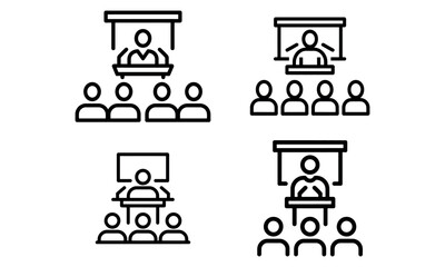 Public speaking and presentation icon set showing speaker at podium and audience
