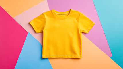 Kids t-shirt flat lay on colorful background, top-down view