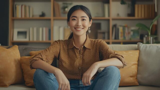 A young professional woman in a polka dot blouse and jeans posing with a warm smile while sitting on a contemporary sofa in a homey living room setting.