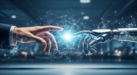 A powerful and conceptual image showing a human hand in a business suit and a robot hand touching a glowing digital circle