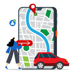 A woman looking for a car near her location. Concept of car rental, car sharing and taxi services. 