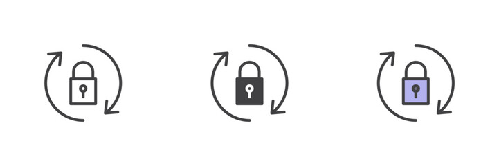 Lock sync icon set in line, solid and filled outline style