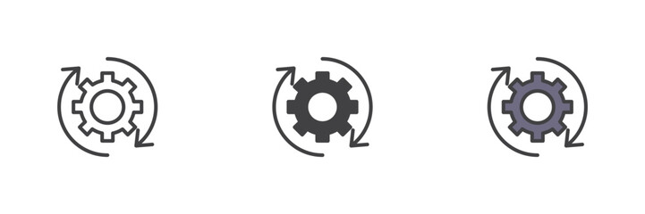 Cogwheel process icon set in line, solid and filled outline style
