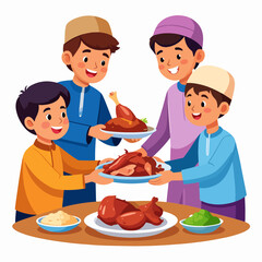 A cheerful illustration depicting four young Muslim boys sharing a traditional Iftar meal with fried chicken and other dishes during the holy month of Ramadan.