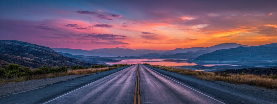 A scenic highway stretches towards a breathtaking sunset over a tranquil lake nestled within majestic mountains, painting a vibrant, colorful landscape
