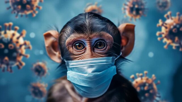 Monkey with blue medical mask during virus outbreak. Concept of disease prevention and global pandemic. Digital animation footage.