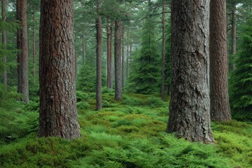 Obraz premium Majestic pine forest with lush undergrowth and textured tree trunks in soft light