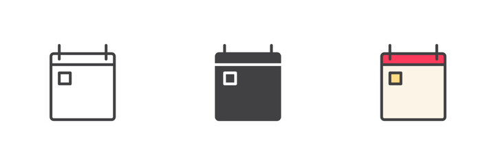 Calendar sheet icon set in line, solid and filled outline style