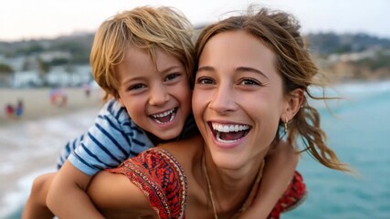 Embrace of Joy: A candid moment of pure happiness as a child receives a playful piggyback ride from a smiling woman near beach, embodying a joyful, loving connection.