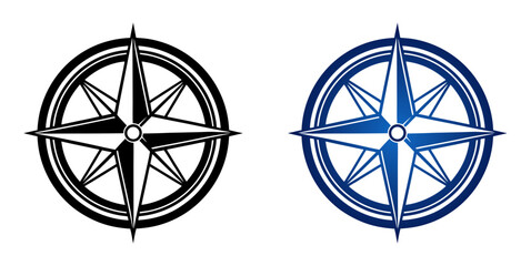 compass rose symbols in minimalist design, two design variants - black color and with blue gradient, icon set  