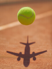 Tennis ball floating over airplane shadow on clay court
