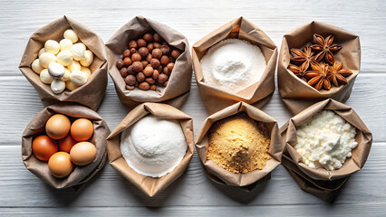 Fototapeta premium Assortment of baking ingredients in brown paper bags on a white wooden surface from an overhead view