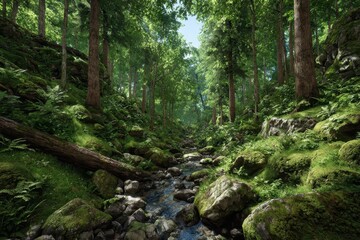 Obraz premium Sunlight filtering through lush green forest canopy onto a mossy stream and rocks