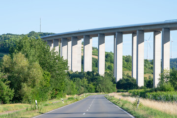 Moselle Viaduct Longuich, between Trier and Schweich, bridge of highway crossing the Mosel river in the valley, german autobahn