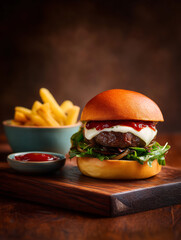 Delicious gourmet burger with fries and ketchup on wooden board
