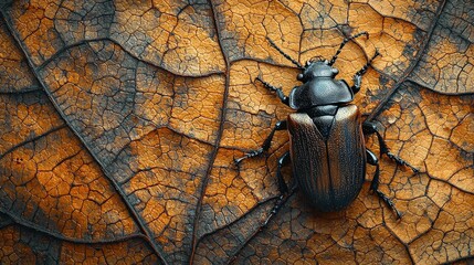 A brown beetle crawling on a textured leaf with a detailed close-up of its body and the patterns on the leaf.