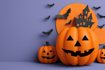 Delightful Halloween pumpkins express joy and festive spirit against a purple backdrop featuring bats and a haunted house setting inspiring creativity and imaginative celebrations