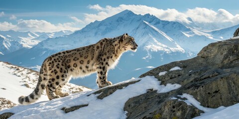 Fototapeta premium Snow Leopard Stance Majestic Feline on Snowy Mountain Peak, wildlife , big cat