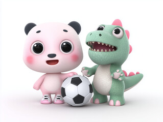 Naklejka premium Pink panda and green dinosaur playing with soccer ball