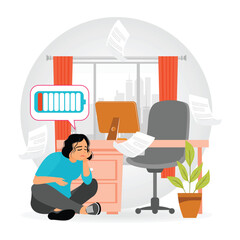 Emotional Burnout. Stressed Woman Depicts Low Energy in Workplace Setting with Battery Icon.