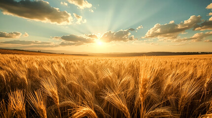 Golden wheat stalks sway gently in a vast field under a dramatic sunset sky with sun rays breaking through clouds
