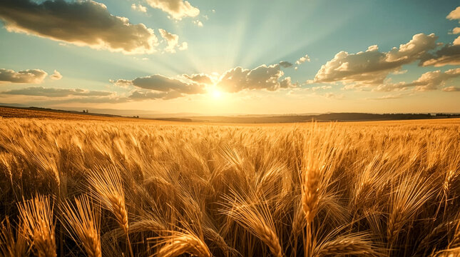 Golden wheat stalks sway gently in a vast field under a dramatic sunset sky with sun rays breaking through clouds