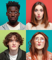 Collage of portraits of young emotional people on multicolored background. Concept of human emotions, facial expression. Concern, confusion, doubt, disapproval